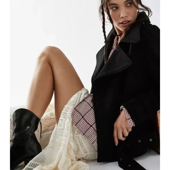 Free People Manteau Cecelia Peacoat Button Front Buckle Detail Black M $348 - Picture 2 of 16